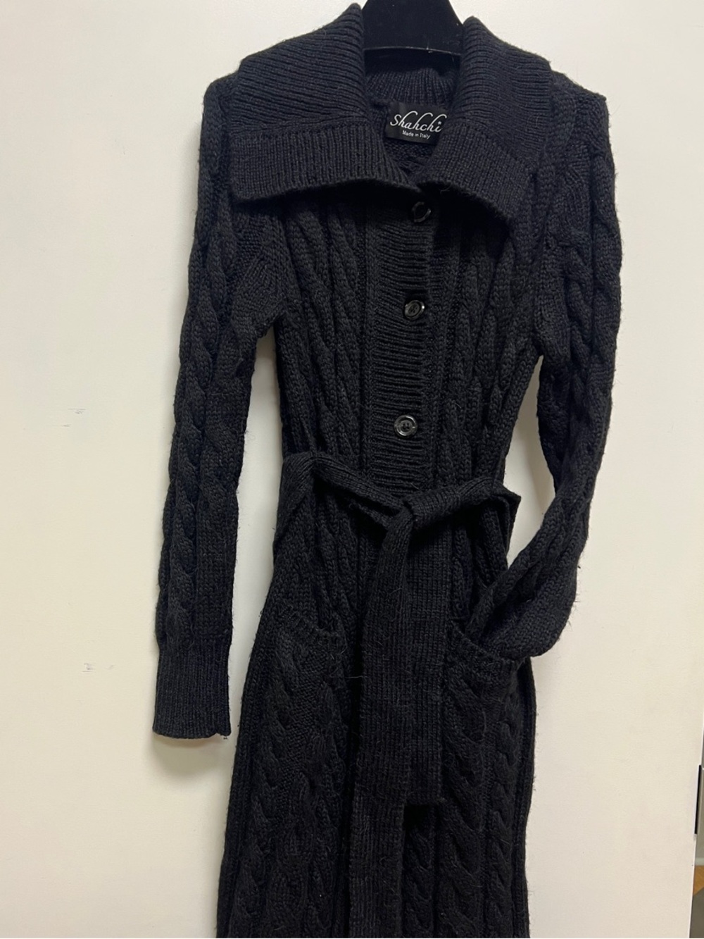 Shahchi Black Cable-Knit Long Belted Trench sweater made in Italy wool/mohair